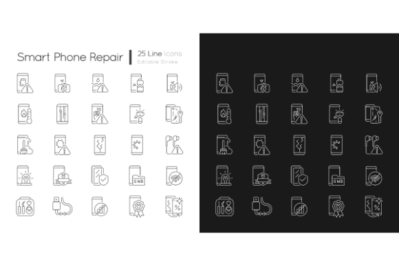 Enhancing Digital Design with Smartphone Repair Linear Icons for Dark and Light Modes