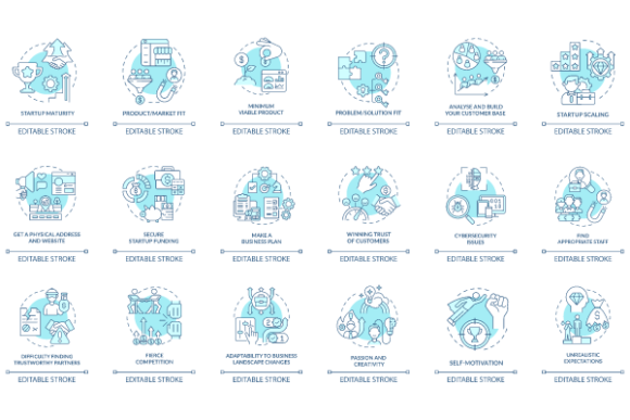 Startup Launch Blue Concept Icons Bundle Guide